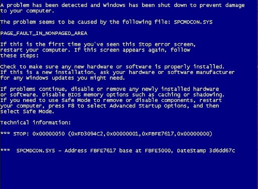typical blue screen of death BSOD computer