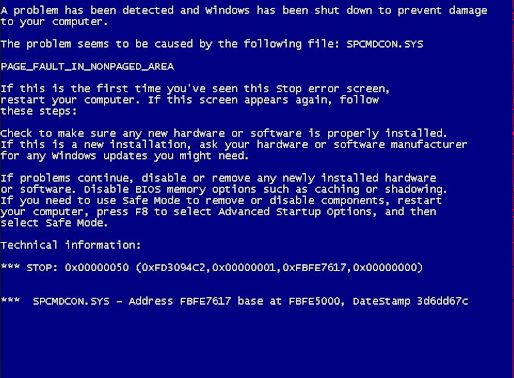 typical blue screen of death BSOD computer